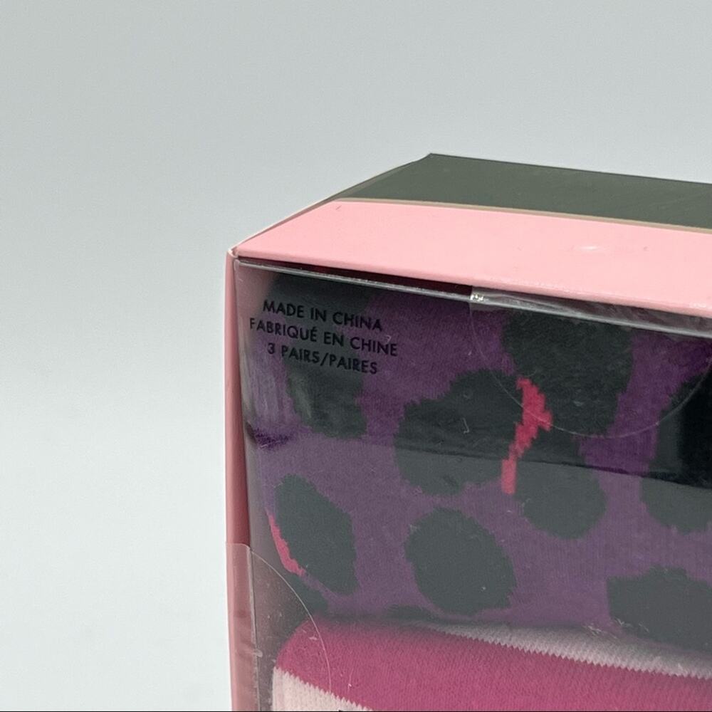 Kate Spade Crew Pink Purple Animal Print Solid 3 Pairs Crew Socks Gift Box - Picture 2 of 4